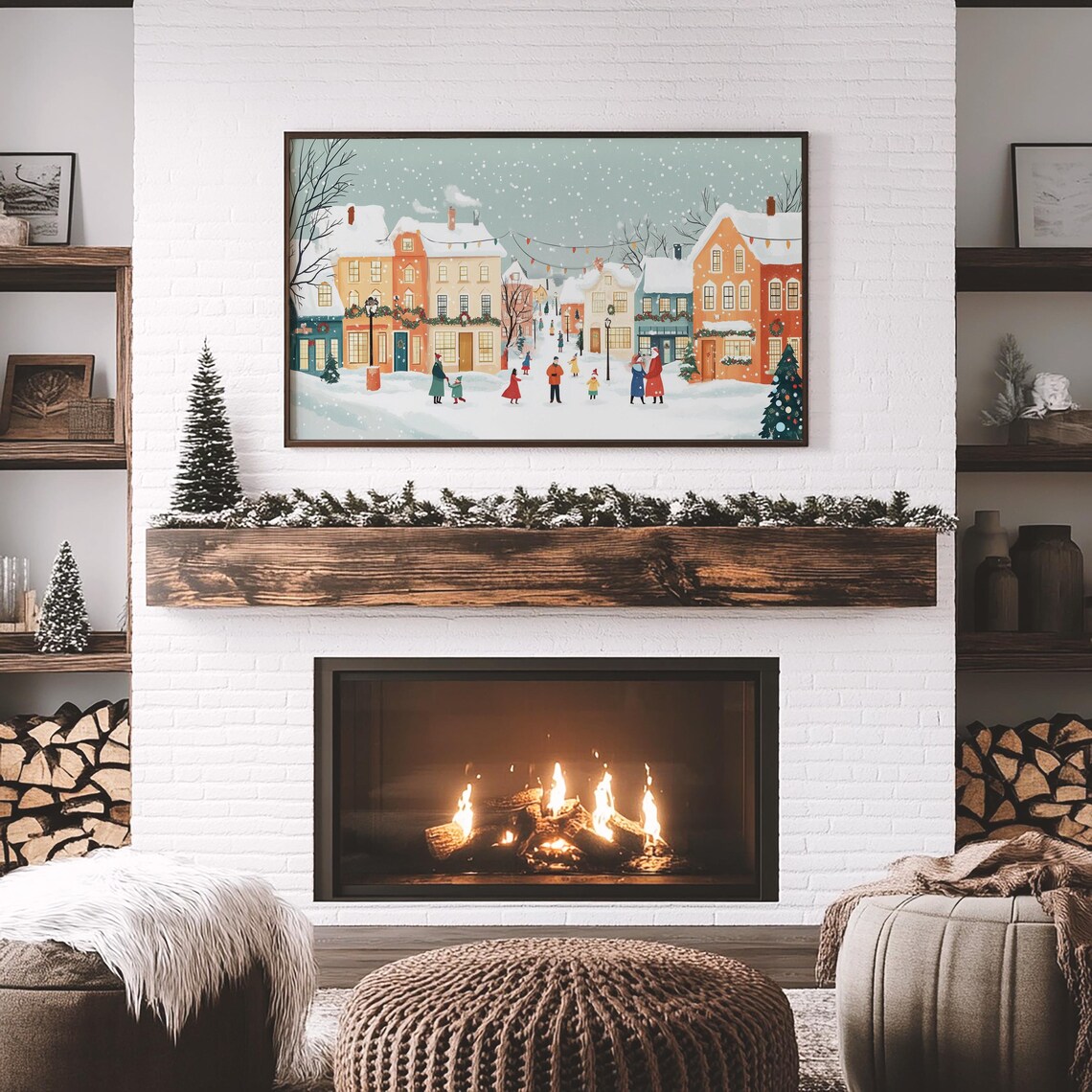 Pastel Snowy Village Street Christmas Holiday Illustration Poster - Image 5