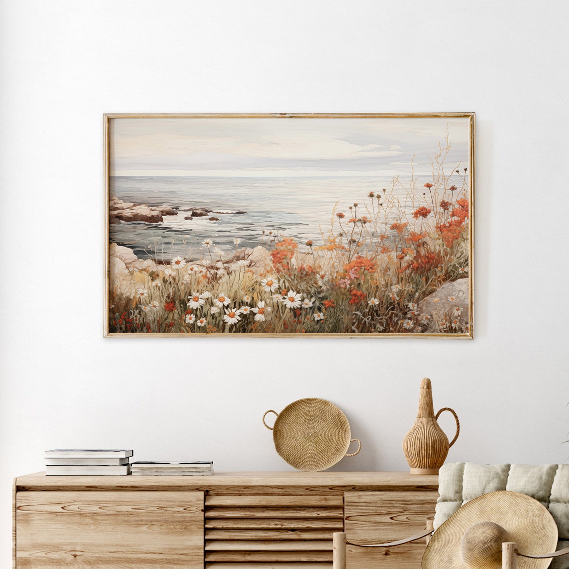 Wildflower Cliff Overlooking Calm Sea Rocky Coast Landscape Print - Image 3