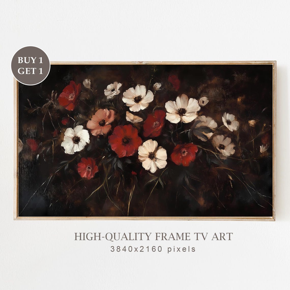 Dark Moody Red White Anemone Floral Still Life Vintage Poster