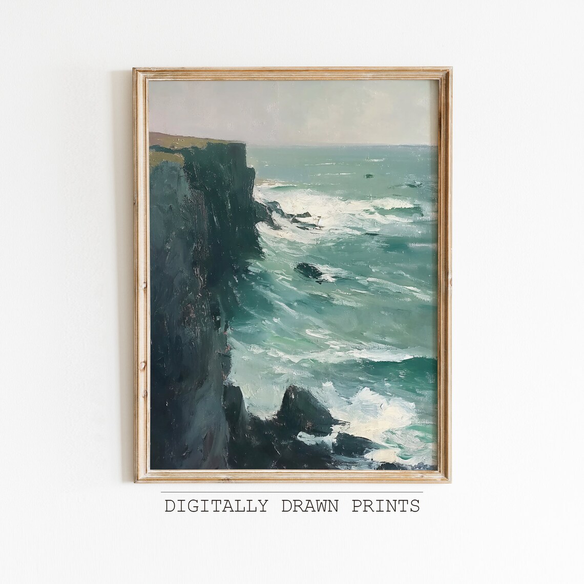 Dramatic Ocean Cliffs Crashing Waves Teal Vintage Coastal Cliff Art Poster - Image 4