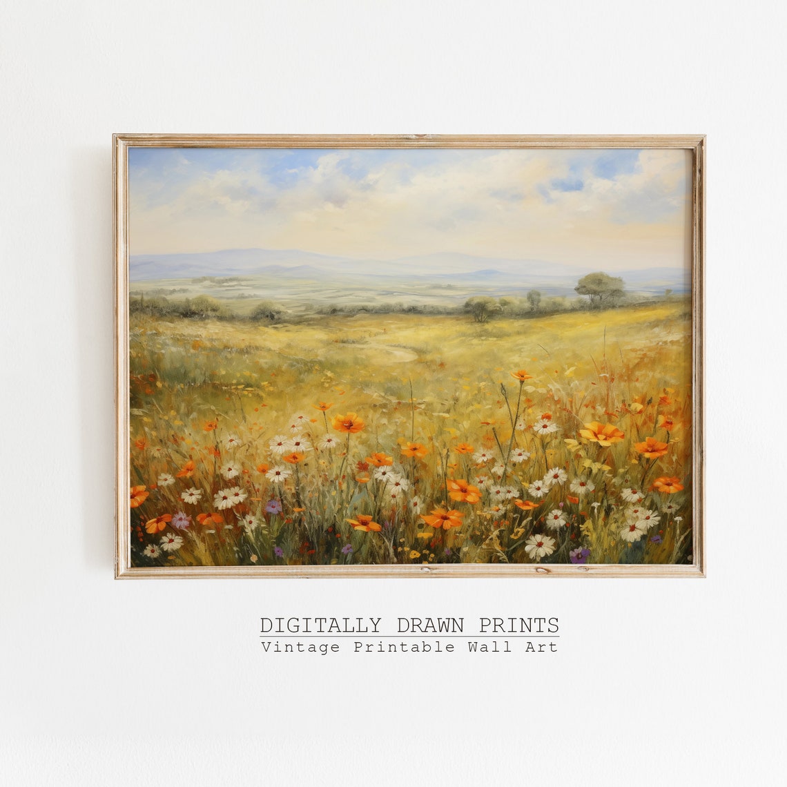 Golden Meadow Orange Poppies White Daisies Distant Hills Oil Print