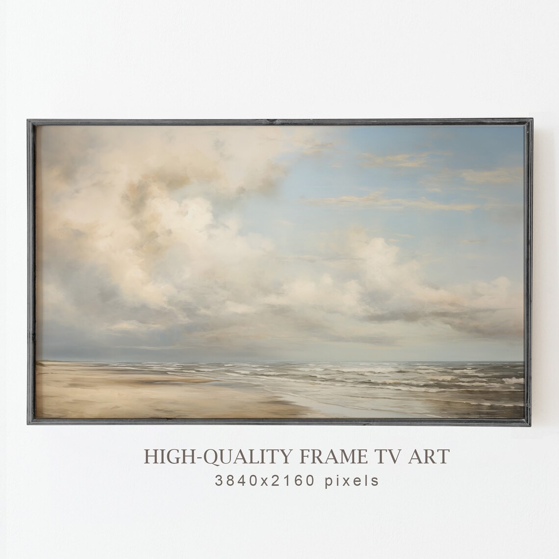 Cloudy Sky Calm Beach Muted Neutral Vintage Coastal Seascape Art Poster - Image 5
