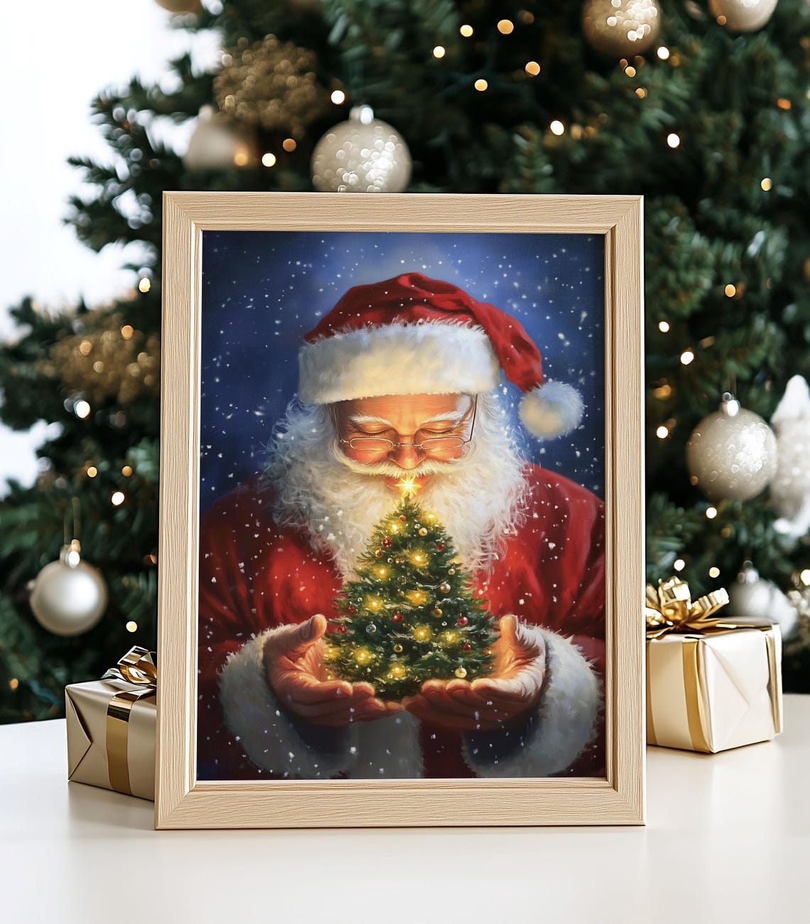 Santa Claus Holding Lit Miniature Christmas Tree Snowy Night Poster - Image 4