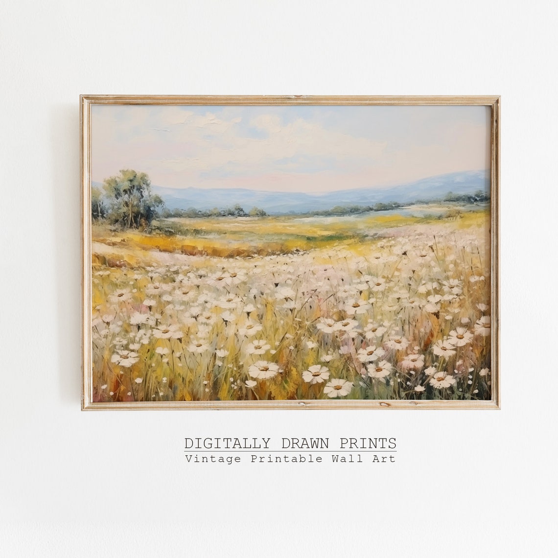 White Daisy Meadow Under Pastel Sky Rolling Hills Landscape Print