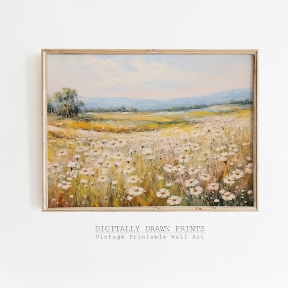 White Daisy Meadow Under Pastel Sky Rolling Hills Landscape Print