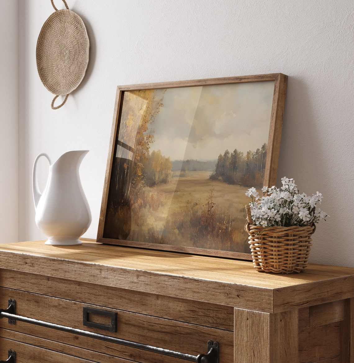 Muted Vintage Autumn Field River Soft Cloudy Sky Neutral Poster - Image 4