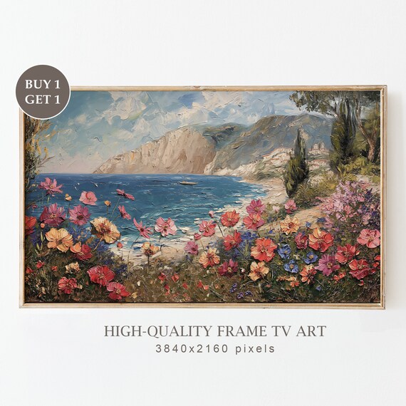 Mediterranean Coastal Wildflowers Cliffs Blue Sea Impasto Frame TV Art