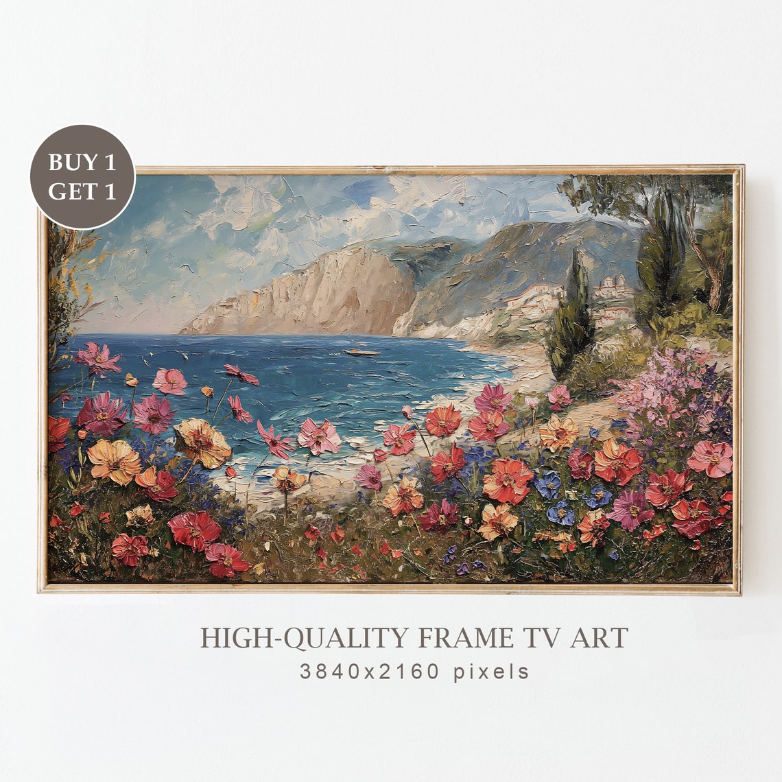 Frame Tv Art Summer Beach Landscape Oil Painting Antique Wildflowers Meadow Country Painting Farmhouse Decor