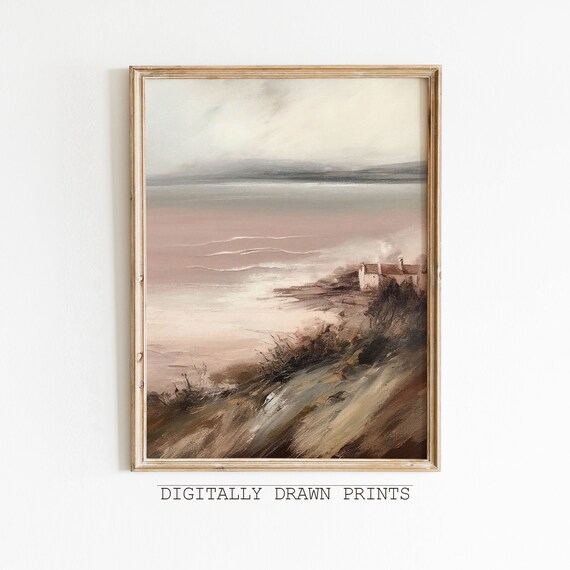 Muted Pink Gray Abstract Seascape Cottage Cliff Vintage Wall Art