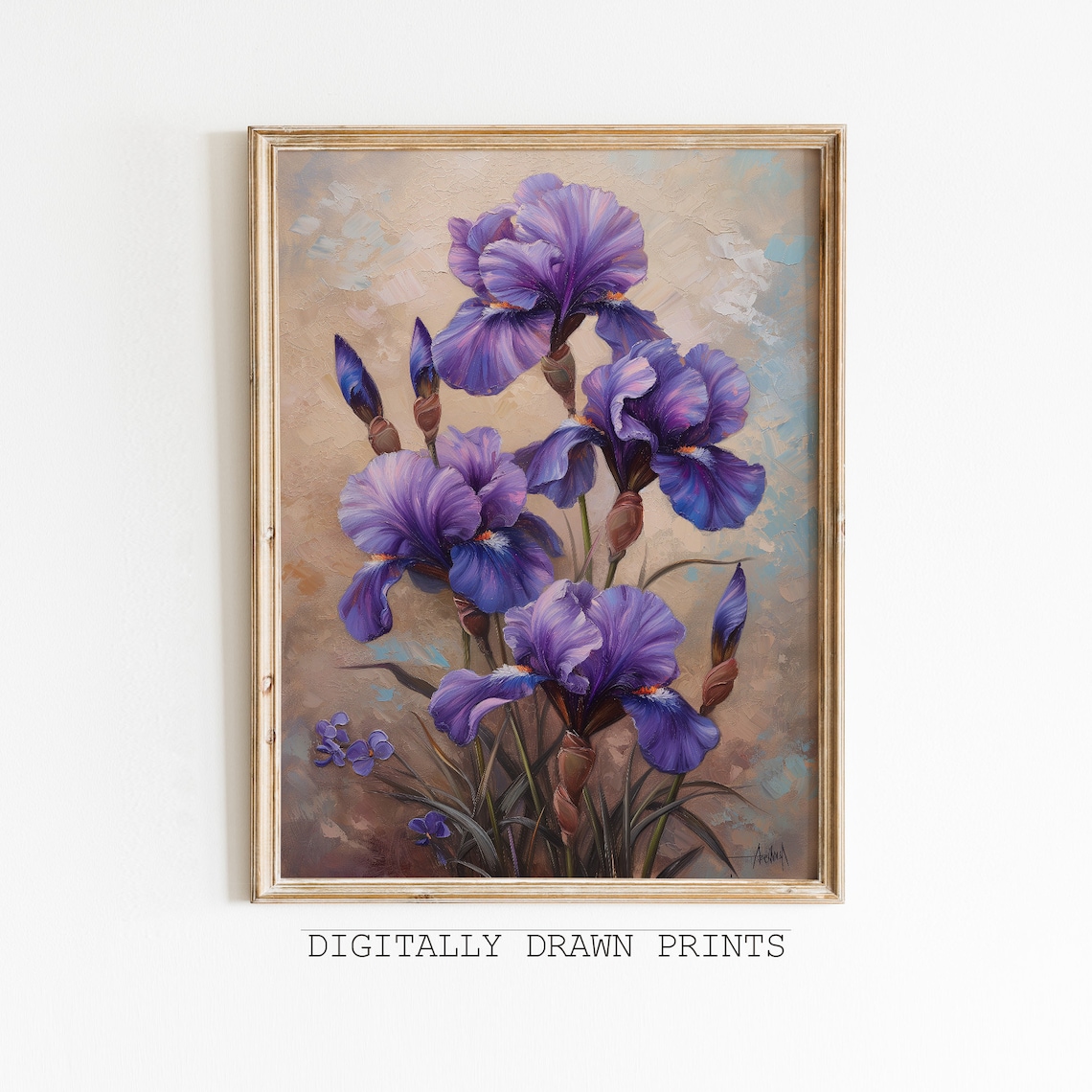 Vintage Purple Irises Oil Painting Muted Beige Floral Botanical Print