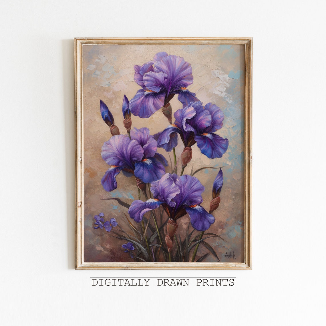 Vintage Wall Art Purple Irises Antique Oil Painting Flowers Meadow Muted Tone Print Country Oil Painting