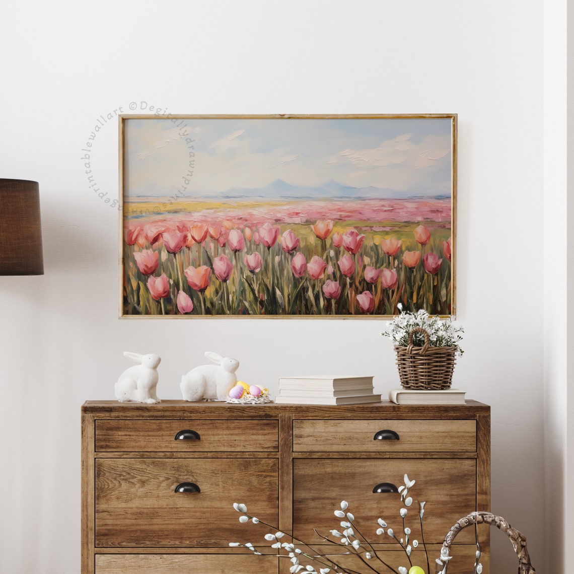 Pink Tulip Field Beside Lake with Mountain View Spring Art Print - Image 4