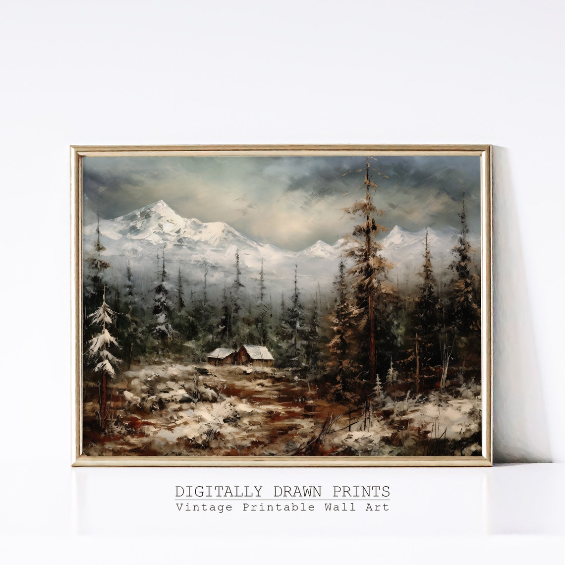 Snowy Mountain Valley With Log Cabin Pines Moody Winter Forest Print