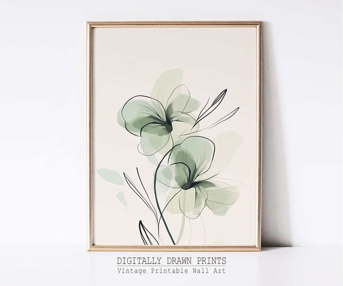 Pair of Sage Green Translucent Blooms Minimal Line Art Botanical Print - Image 3