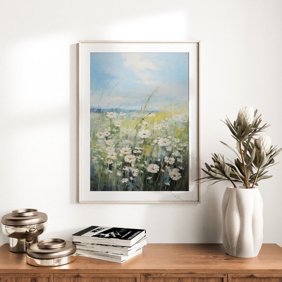 White Daisy Meadow Tall Grasses Pale Blue Sky Vintage Art Print - Image 4