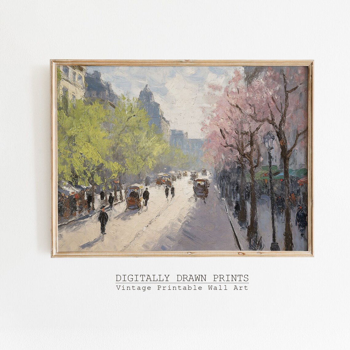 Vintage Spring Boulevard Horse Carriages Blossoming Trees Oil Painting Print
