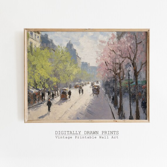 Vintage Spring Boulevard Horse Carriages Blossoming Trees Oil Painting Print