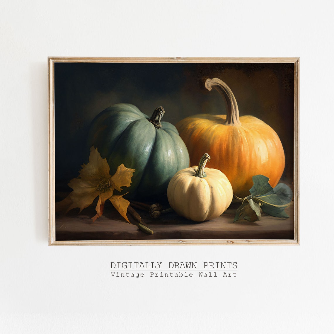 Moody Pumpkins Still Life Blue Orange Cream Fall Harvest Art Poster