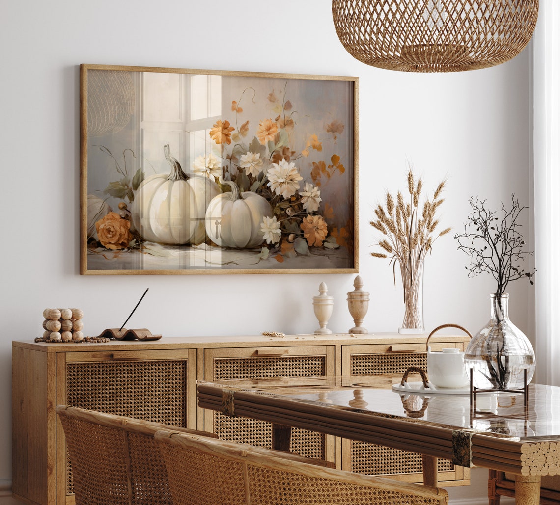 White Pumpkins And Autumn Blooms Vintage Fall Still Life Harvest Print - Image 3
