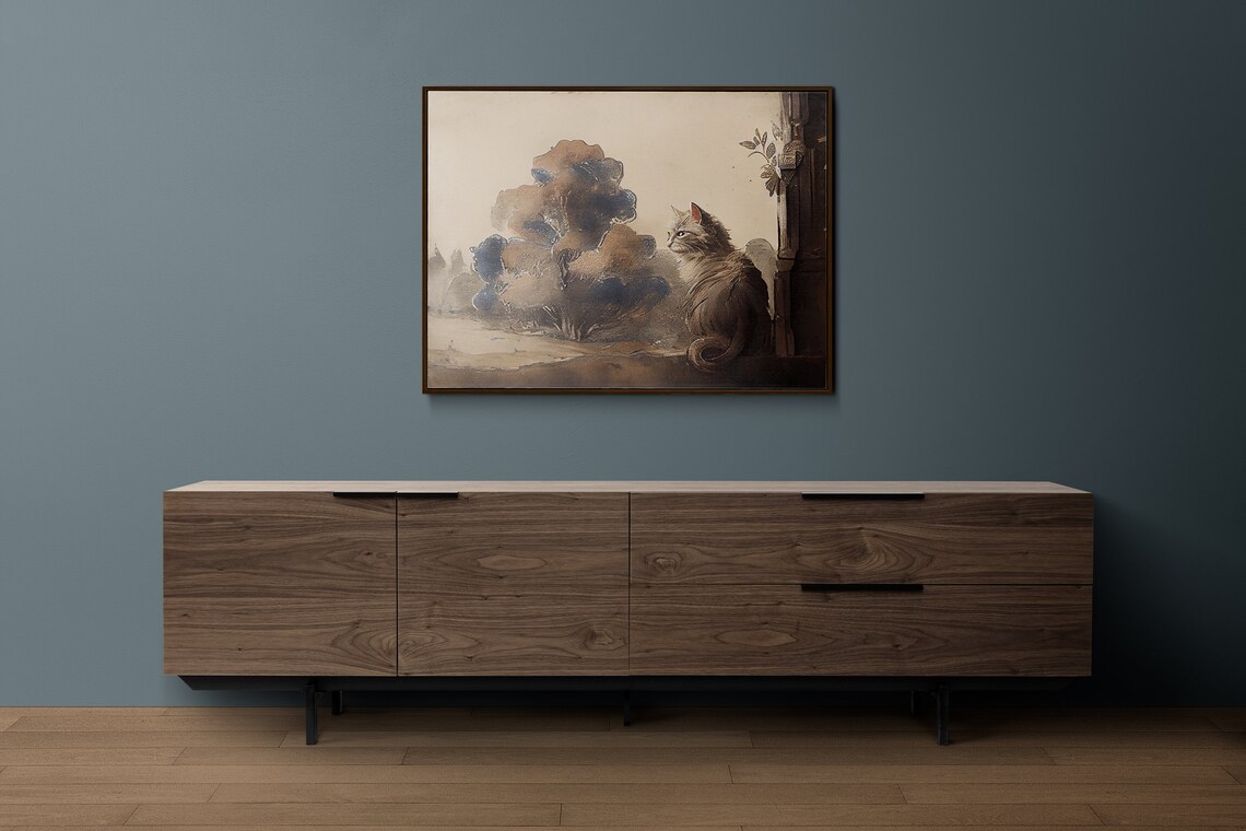 Vintage Rustic Neutral Cat Landscape Art Print - Image 2
