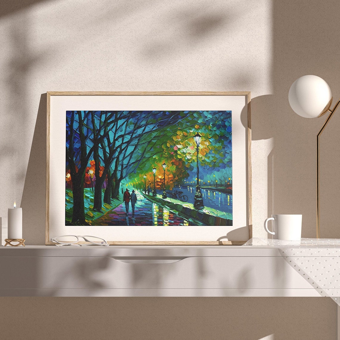Night Lake Path Lampposts Couple Palette Knife Romantic Art Poster - Image 2