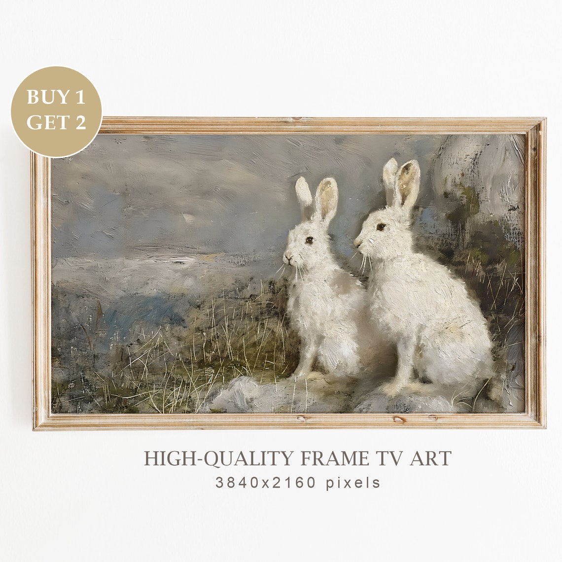 Two White Rabbits Misty Field Vintage Easter Frame TV Art Poster