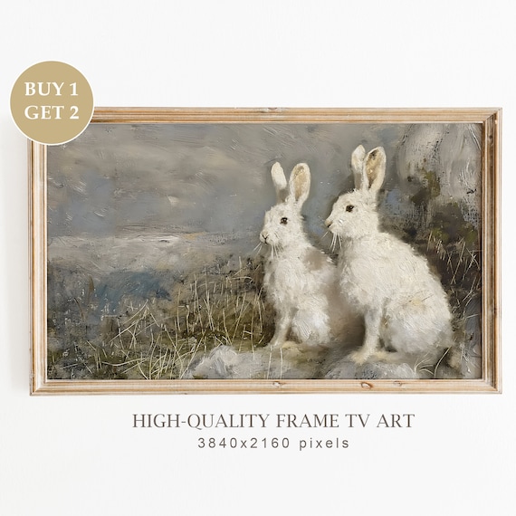 Two White Rabbits Misty Field Vintage Easter Frame TV Art Poster