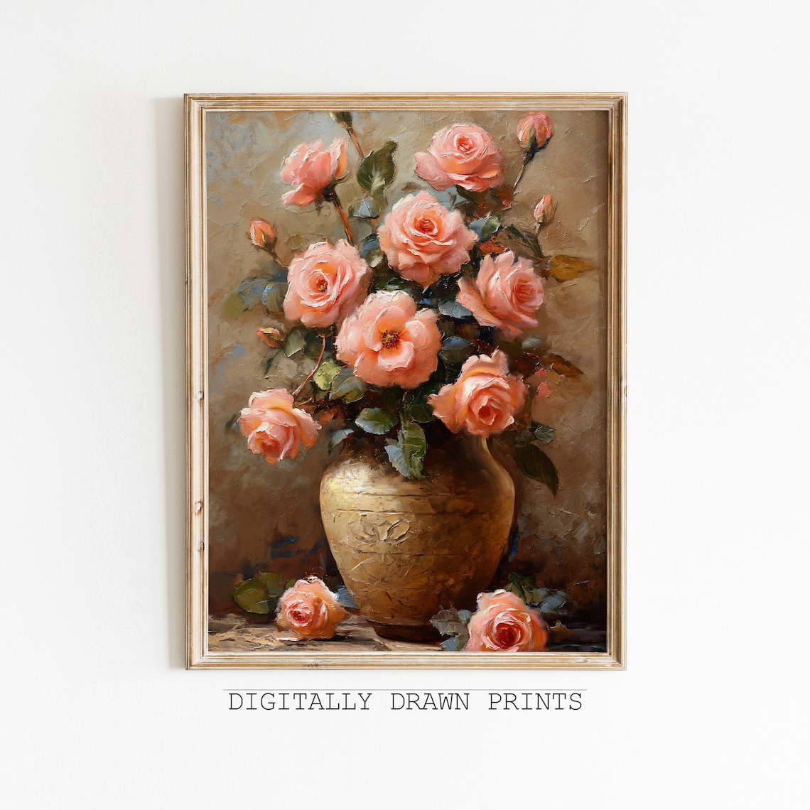 Pink Roses Golden Vase Vintage Floral Still Life Oil Painting Wall Art Print