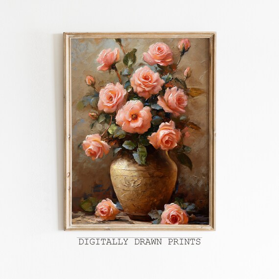 Pink Roses Golden Vase Vintage Floral Still Life Oil Painting Wall Art Print