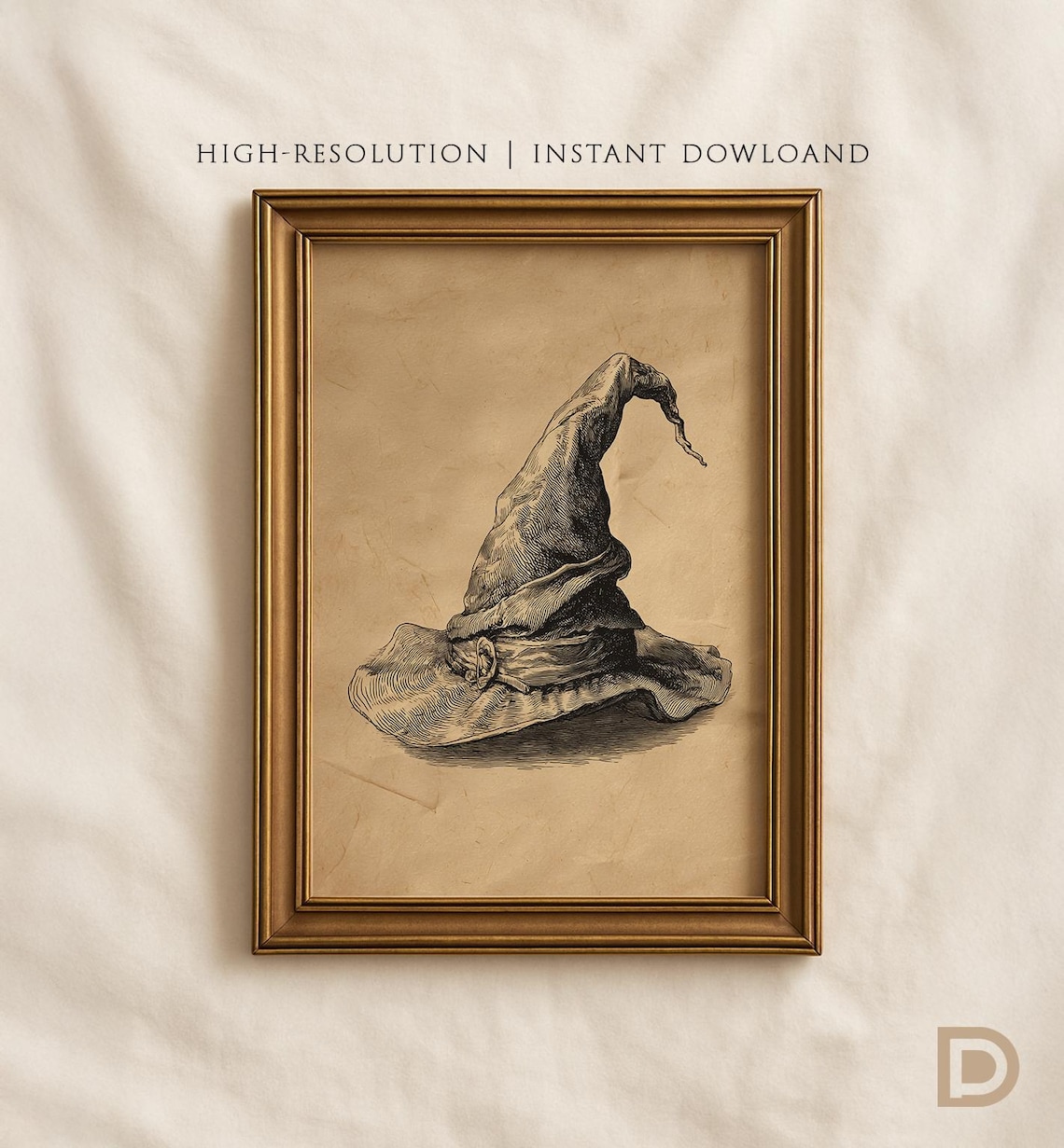 Vintage Witch Hat Drawing, Dark Academia Halloween Art Print