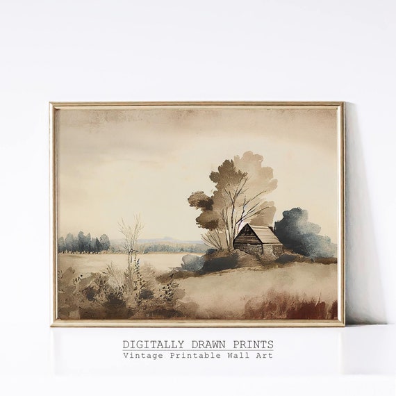 Antique Rustic Muted Landscape Painting Cottage Muted Landscape Painting Vintage Neutral Wall Art Art
