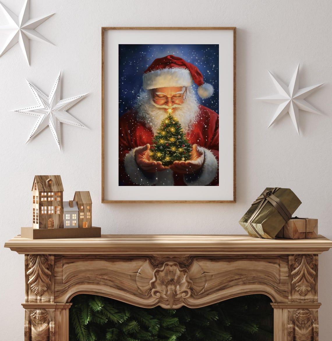 Santa Claus Holding Lit Miniature Christmas Tree Snowy Night Poster - Image 3