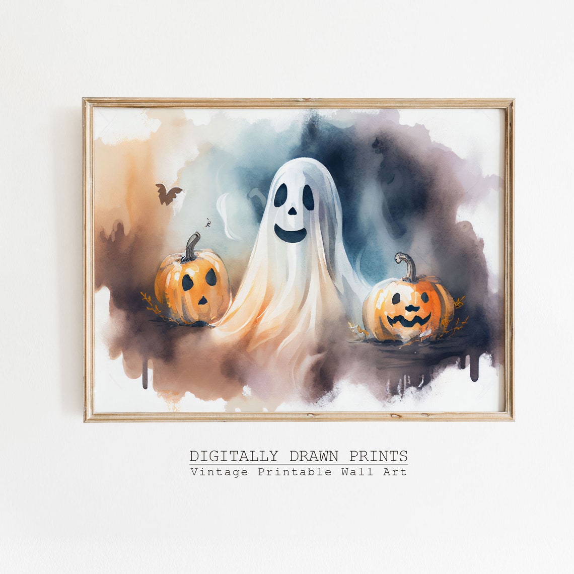 Cute Smiling Ghost with Jack O Lanterns Watercolor Halloween Poster