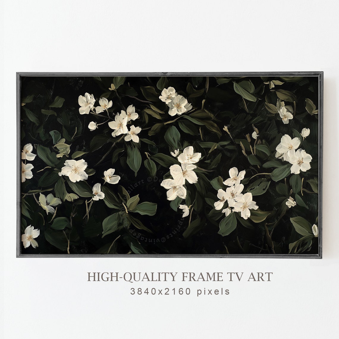 Dark Moody White Floral Blossoms on Black Botanical Night Print - Image 5