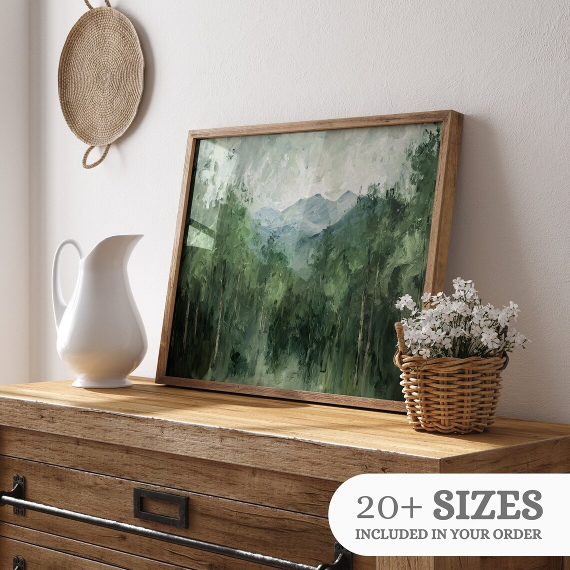 Misty Green Mountain Forest Sage Tones Vintage Oil Painting Wall Art - Image 3