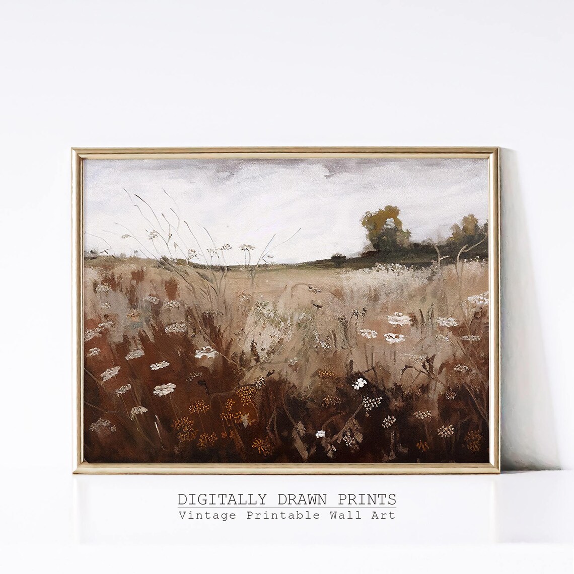 Wildflower Field Landscape, Vintage Farm Art Print