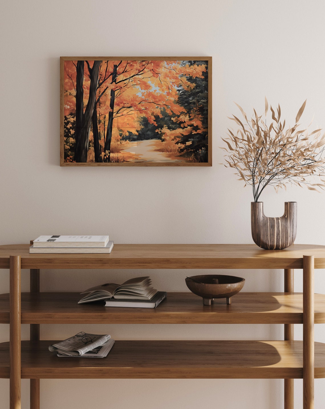 Golden Autumn Forest Path Orange Canopy Tall Dark Trunks Poster - Image 3
