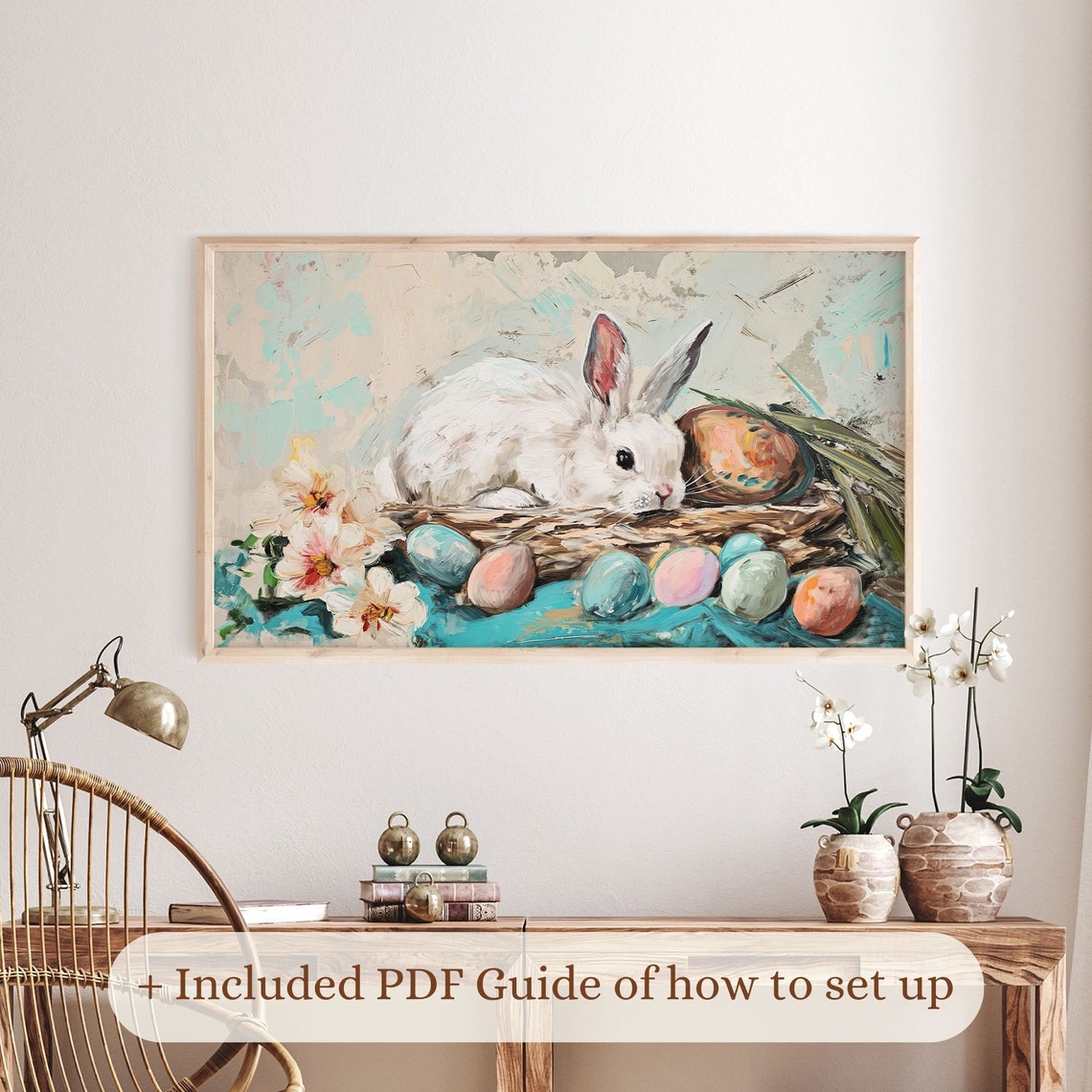 White Bunny With Easter Eggs Nest Spring Oil Painting Art Print - Image 3