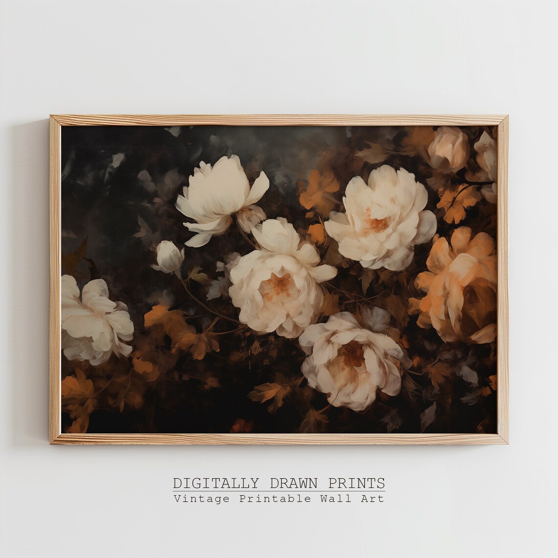 Dark Vintage Flowers Art Print, Neutral Rustic Floral