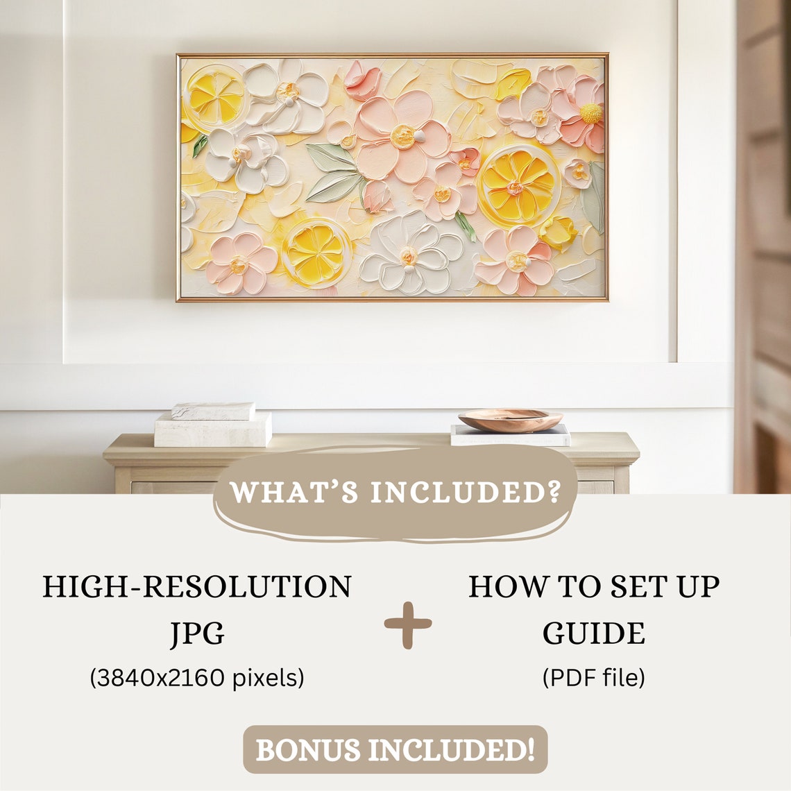 Abstract Lemon Slices Pink Blossoms Textured Floral Oil Poster - Image 2