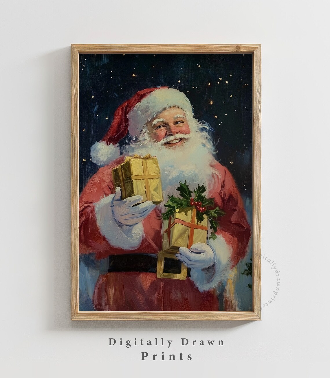 Smiling Santa Claus Holding Gold Gifts Vintage Oil Painting Poster - Image 4