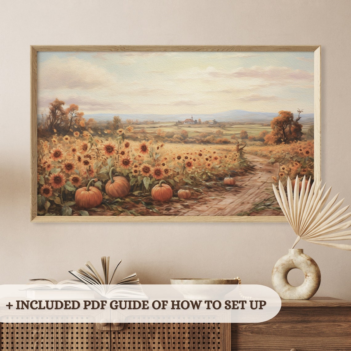 Sunflower Field With Pumpkins Along Dirt Path Rural Autumn Field Print - Image 3