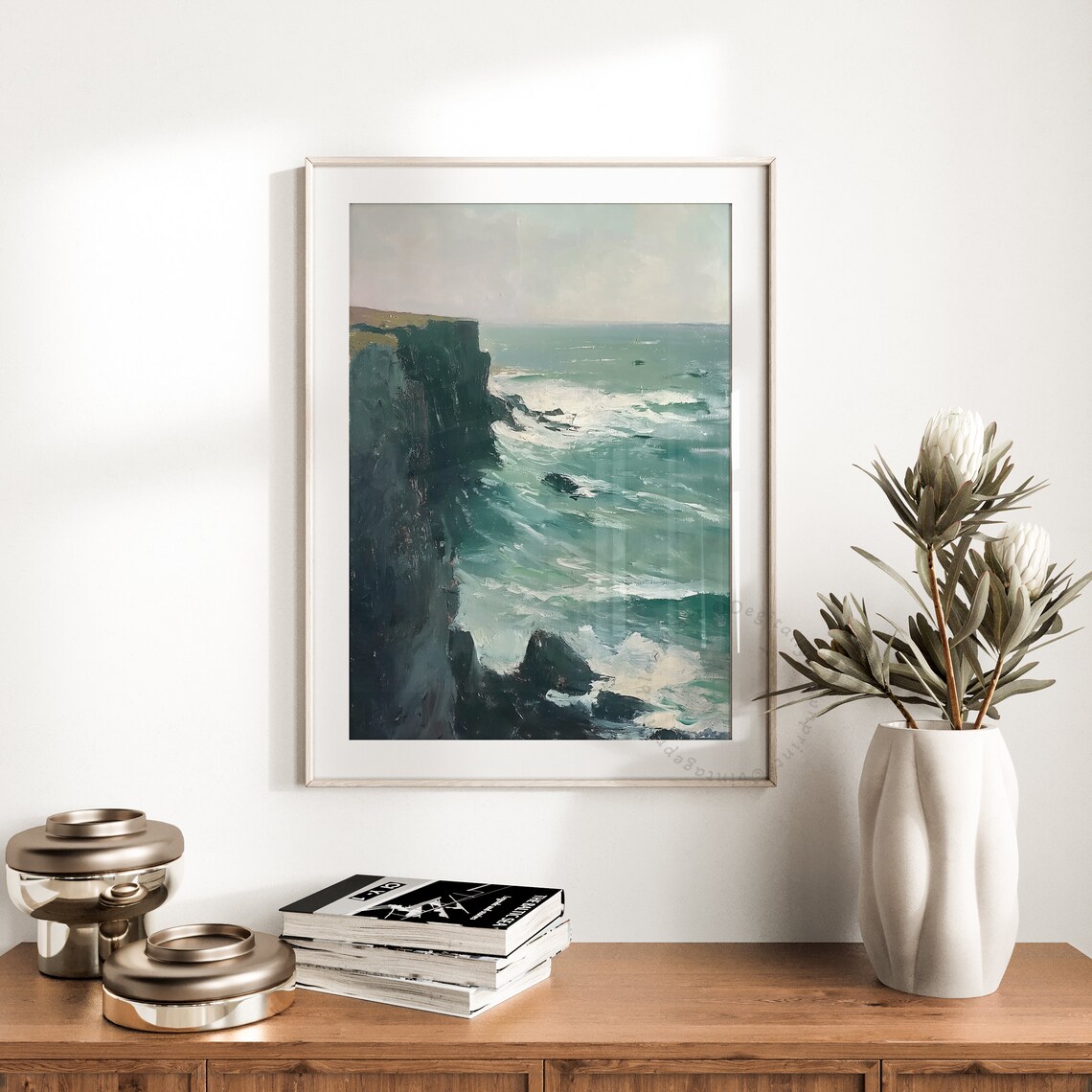 Dramatic Ocean Cliffs Crashing Waves Teal Vintage Coastal Cliff Art Poster - Image 3