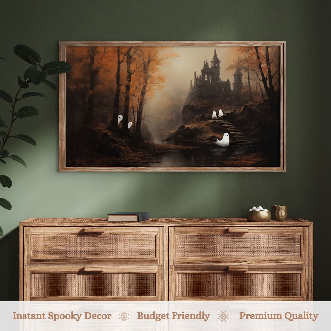 Haunted Castle With Ghosts In Autumn Forest Muted Halloween Art Print - Image 3