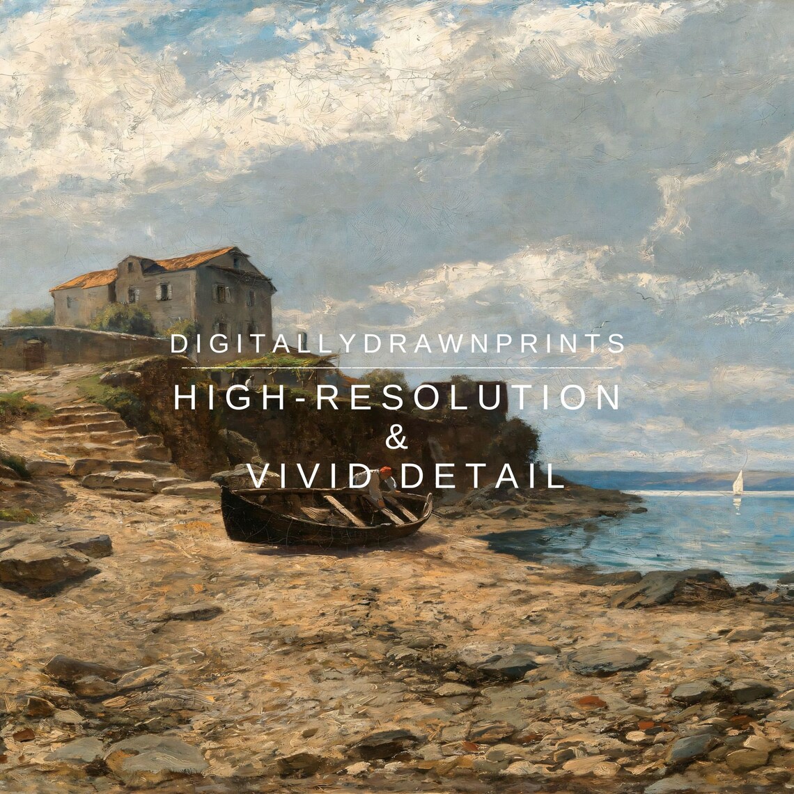 Mediterranean Rocky Shore Stone Villa Fishing Boat Vintage Coastal Poster - Image 2