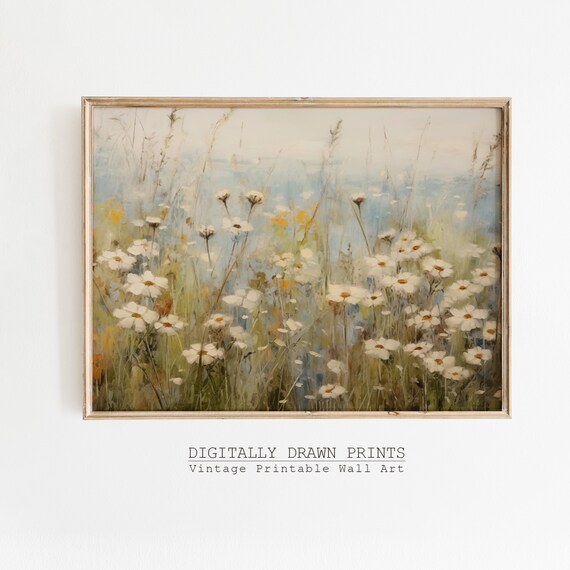 Wildflower Field Landscape Vintage Oil Painting Moody Spring Decor Farmhouse Print Neutral Spring Wall Art