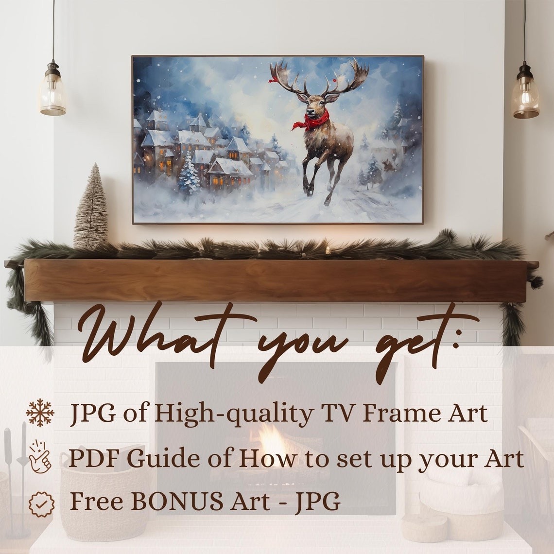 Reindeer With Red Scarf Snowy Village Winter Holiday Art Poster - Image 2