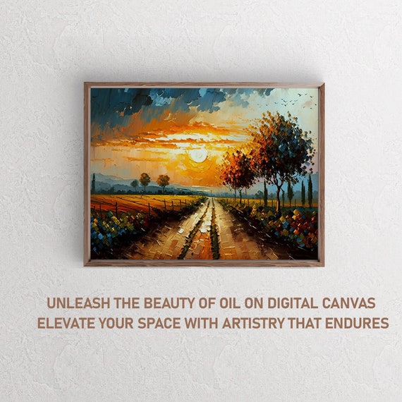 Country Road With Trees And Fields Art Oil Print Sunrise Cornfields And Country Lane Print Art