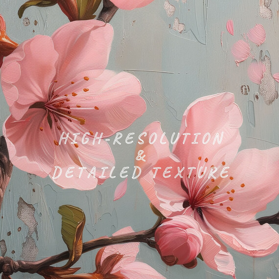 Pink Cherry Blossom Branch Distressed Blue Vintage Floral Oil Painting Art - Image 2