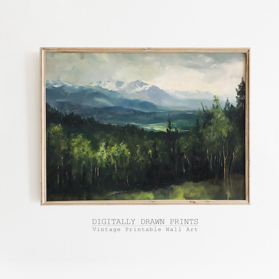 Moody Country Landscape Painting Vintage Art Print Mountains Oil Painting Farmhouse Print Cottagecore Decor